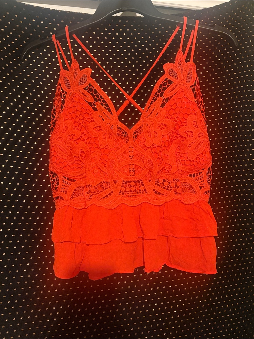 Red Lace Crochet Ruffle Camisole Top